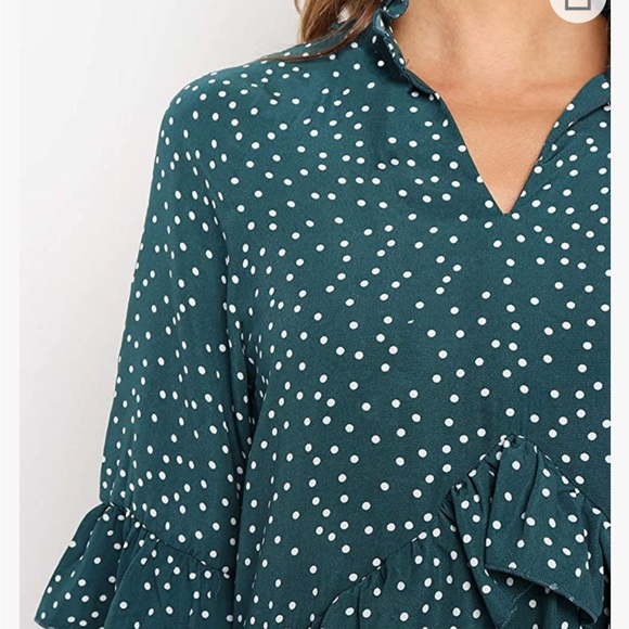 V Neck Ruffle Polka Dot Pocket Short Dress dark green (medium) - Picture 6 of 8